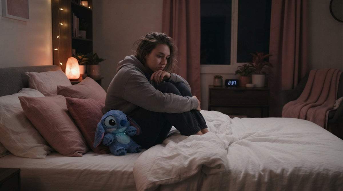 A person sitting alone on a bed at night with a breathing stitch plush toy nearby, captured in a warm, dimly lit bedroom.