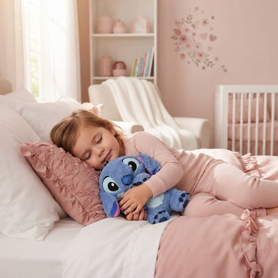 A child sleeping peacefully while hugging a soft Stitch plush toy in a cozy, bright bedroom with blush pink and white accents